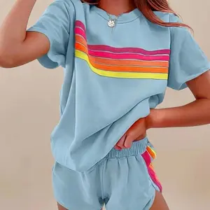 Rainbow Stripe Short Sleeve 2pcs Set Summer Slim Outfit | Energetic Rainbow Stripe Set Daily Casual 2pcs | Thin Summer Rainbow Stripe 2pcs Set Skin Friendly