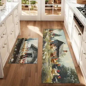 2Pcs Farmhouse Rooster Floor Mat Set Farmhouse Kitchen Carpet Restaurant Floor Laundry Room Decoration Carpet Mat