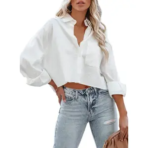 Womens Button Down Cropped Shirts Long Sleeve Casual Crop Tops Solid Lapel Blouse Shirt with Chest Pocket