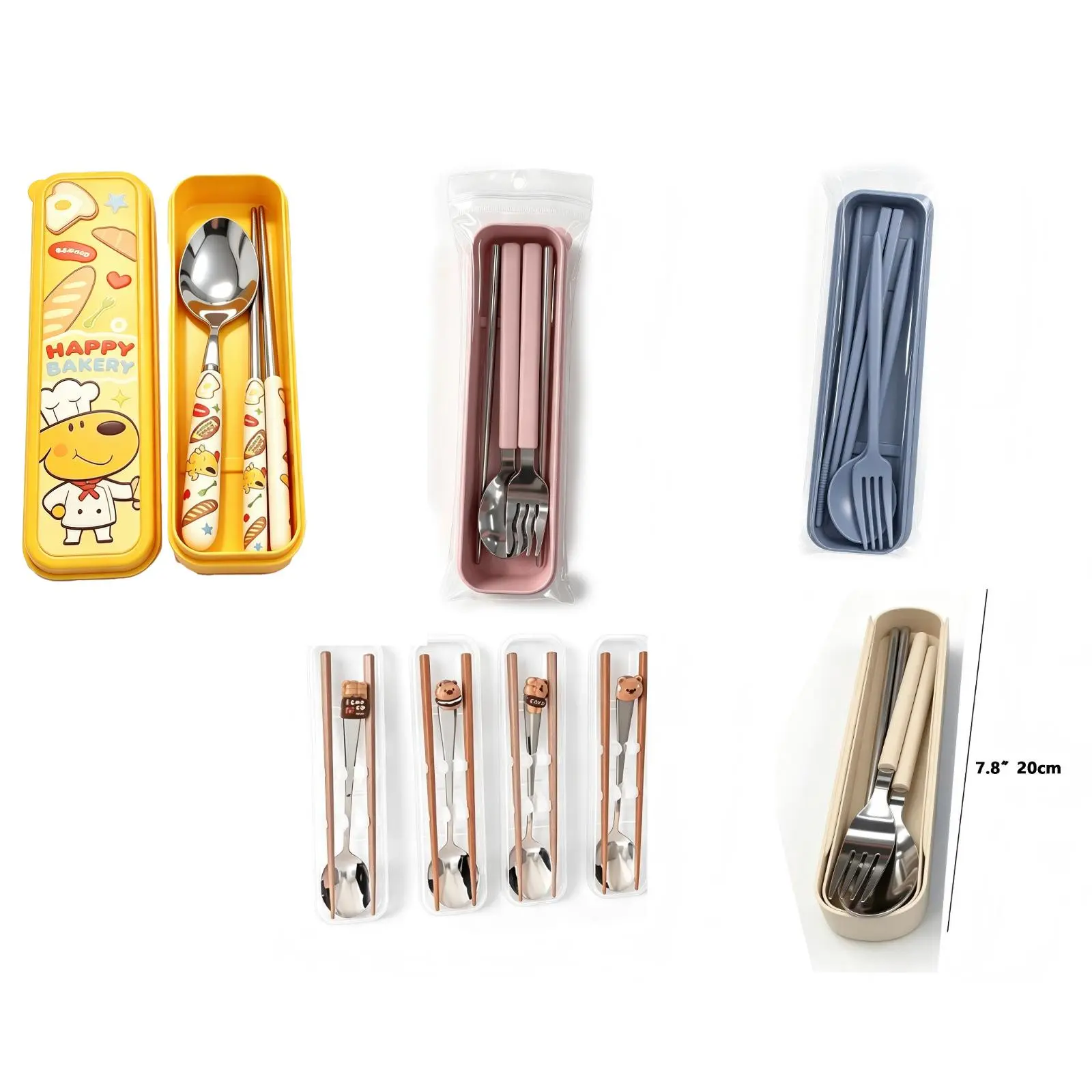 5Sets Portable Reusable Stainless Steel Travel Utensil Set with Wheat Straw Case, Spoon Fork Chopsticks Cutlery Kit, Minimalist Matte & Kawaii Bear Style Flatware for Student Lunch Box Picnic Camping