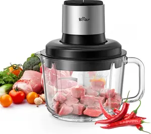 Bear Food Processor, Electric Food Chopper with 8 Cup/2L Handheld Glass Bowls, No-Hole 4 Bi-level Stainless Steel Blades for Easy Cleaning, 2 speed 400W Power Motor Grinder for Meat, and Baby Food