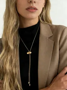 Elegant Geometric Water Drop Clavicle Necklace, Simple Streamline Design, Adjustable Drawstring Long Chain, Versatile Daily Jewelry
