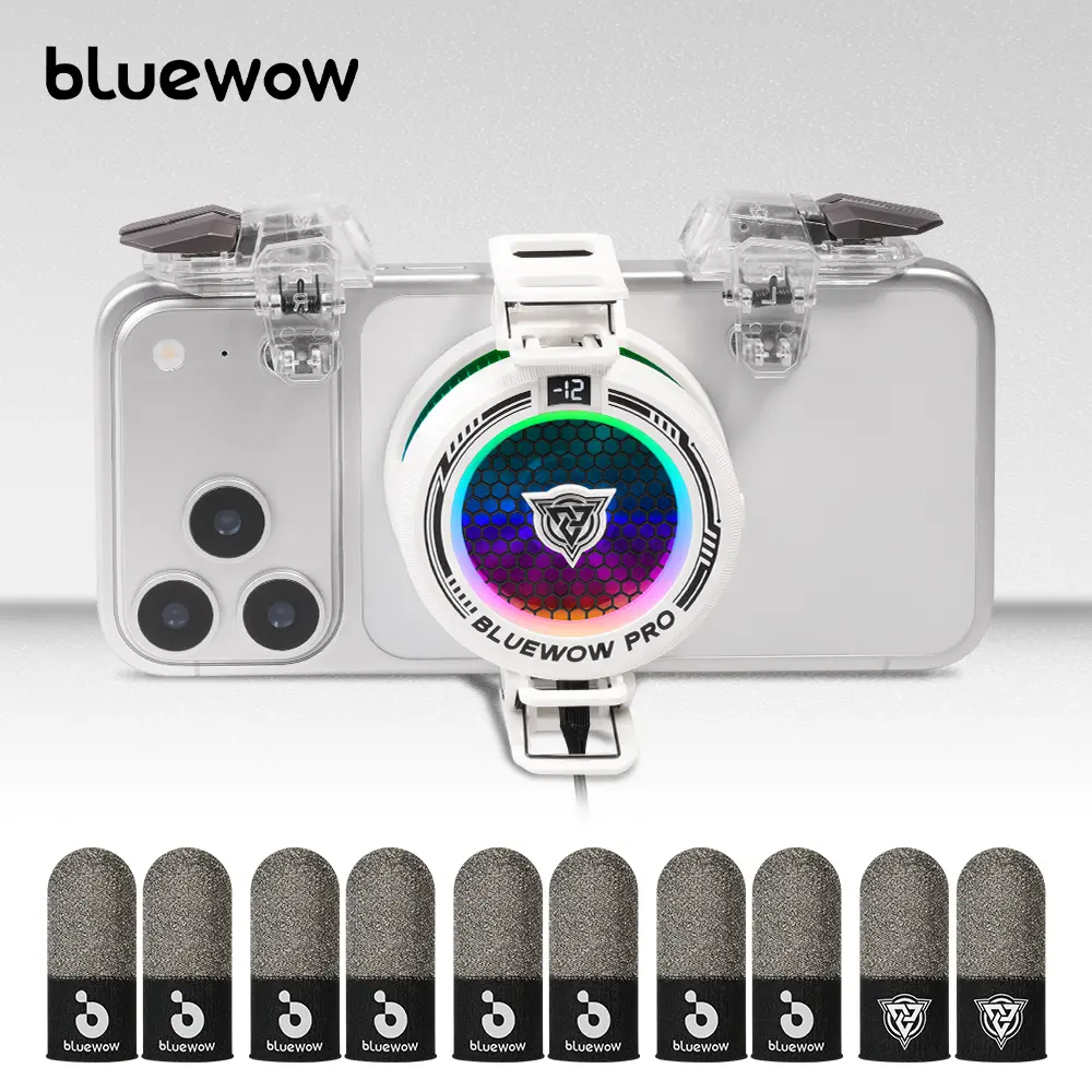 BlueWow X109 AI 15W High-Power Magnetic Phone Cooler (White) - 3-Speed Turbo Cooling, RGB Lighting, USB-Powered Gaming Accessory, 2 Adjustable Clips, 2 Transparent Films, USB Cable, Finger Sleeves for PUBG Mobile, CODM, Summer Phone & Pad Protection
