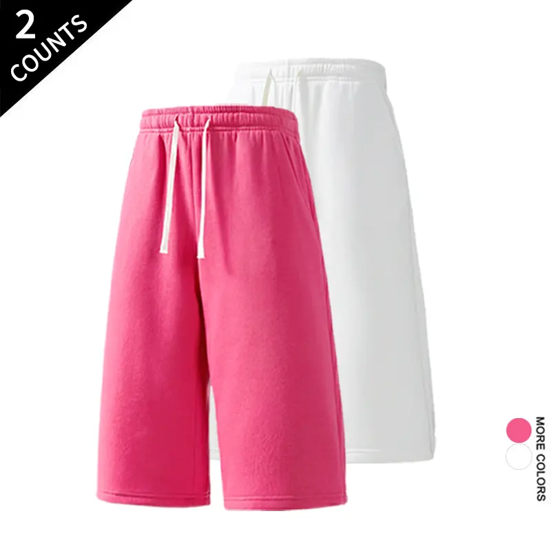 Pink and white 2-pack knee-length shorts, travel-friendly, wrinkle-resistant drawstring athletic shorts, casual fashion shorts suitable for travel
