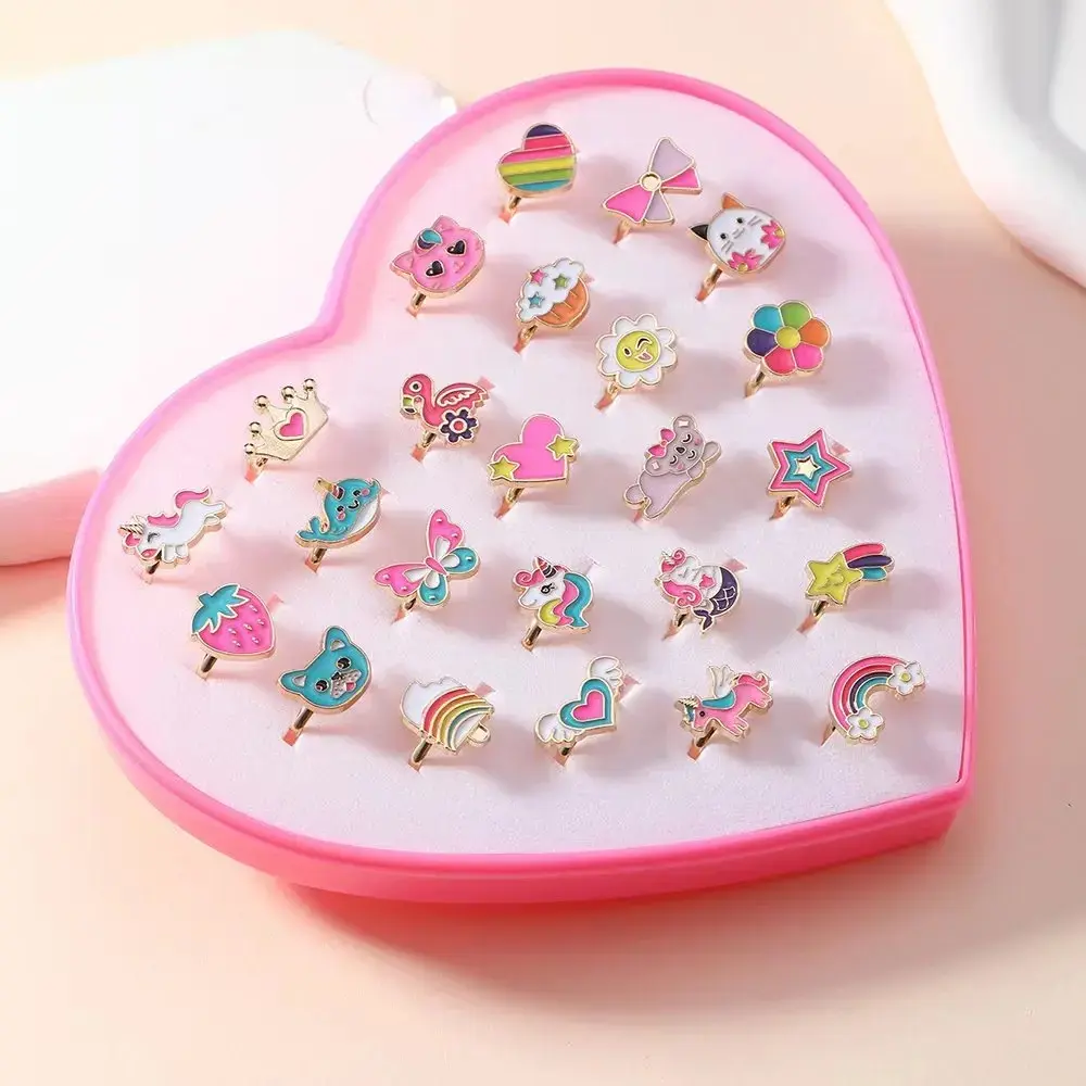24 Piece High-Quality Rings Set, Cute Macaron Candy Color Rose Gold Kids Rings, Heart Gift Box, Party Birthday Gifts