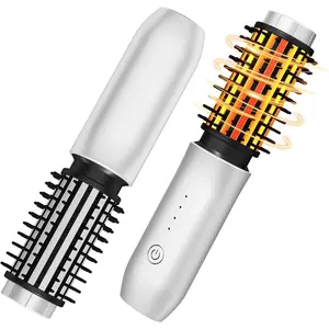 Cordless Curling Iron Brush 1.5-inch Mini Travel 3-in-1 Portable Heated Round Straightening Brush Rechargeable Curling Iron for Curls Straightening De-frizzing and Styling White