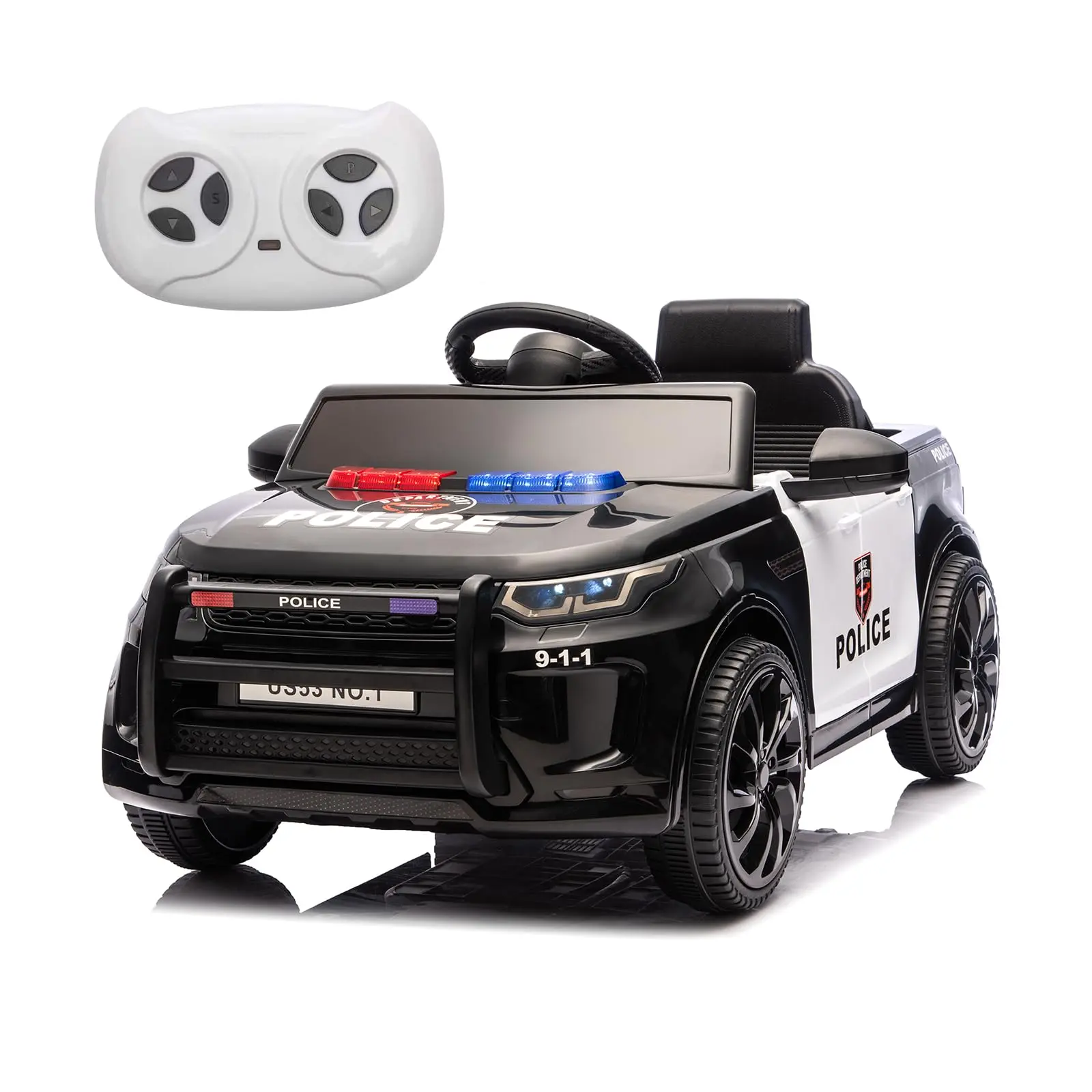 Kids Battery Powered Cop Car Toy, 12V Ride-On Police Vehicle with Remote Control, Headlights, Wireless Speaker, USB Connection and Music Function, Perfect Play Car for Children 4 to 8 Years Old