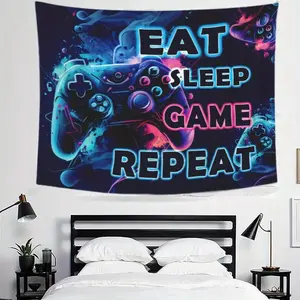 1pc Gaming Wall Tapestry - "EAT SLEEP GAME REPEAT" Neon Design with Controllers & Cosmic Art, Polyester Peach Light Beige Fabric, Horizontal Indoor Decor for Game Room, Dorm, Bedroom, Living Room - Perfect Holiday Gift for Gamers Black Blac
