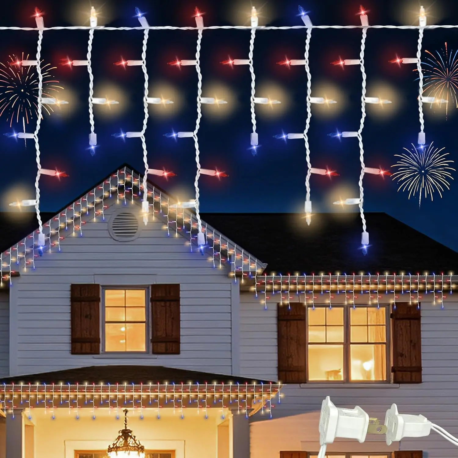 100 Incandescent Icicle String Lights with White Wire, Multifunctional Modes Lighting (Red, White, Blue) for Nation Day