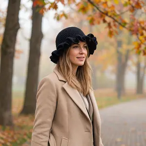 Ladies' Solid Color Hollowed-out Hand-crocheted Bucket Hats, Ruffled Fisherman Hats, Casual Style Knitted Hats, Suitable for Autumn and Winter
