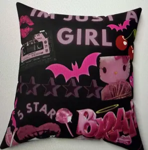 Bratz-Inspired Pink Collage Decorative Pillow with Cherries Bats & Glam Eyeshadow Print for All Seasons Plush Recycled Polyester Insert