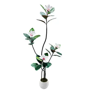 5/6/7FT S-Shaped Lifelike Artificial Magnolia Tree, Multi-Stem Faux Plant With White Blooms, Plastic Decorative Magnolia for Living Room, Office Decor