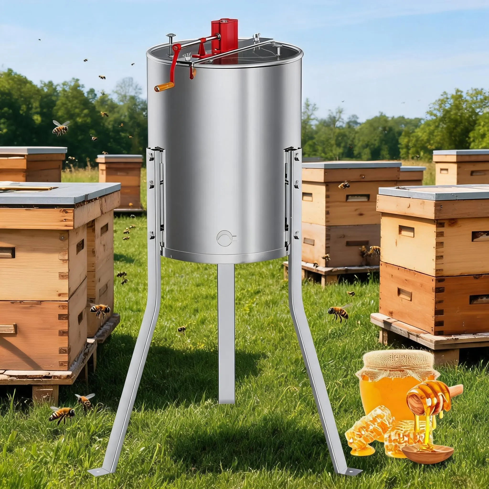 4/8 Frame Stainless Steel Manual Honey Extractor with Adjustable Height Stand Clear Lid for Deep Medium Shallow Frames Beekeeping Supplies