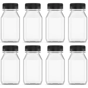 8 Pcs 8 Ounce Plastic Juice Bottle Drink Containers Juicing Bottles with Black Lids, Suitable for Juice, Smoothies, Milk and Homemade Beverages