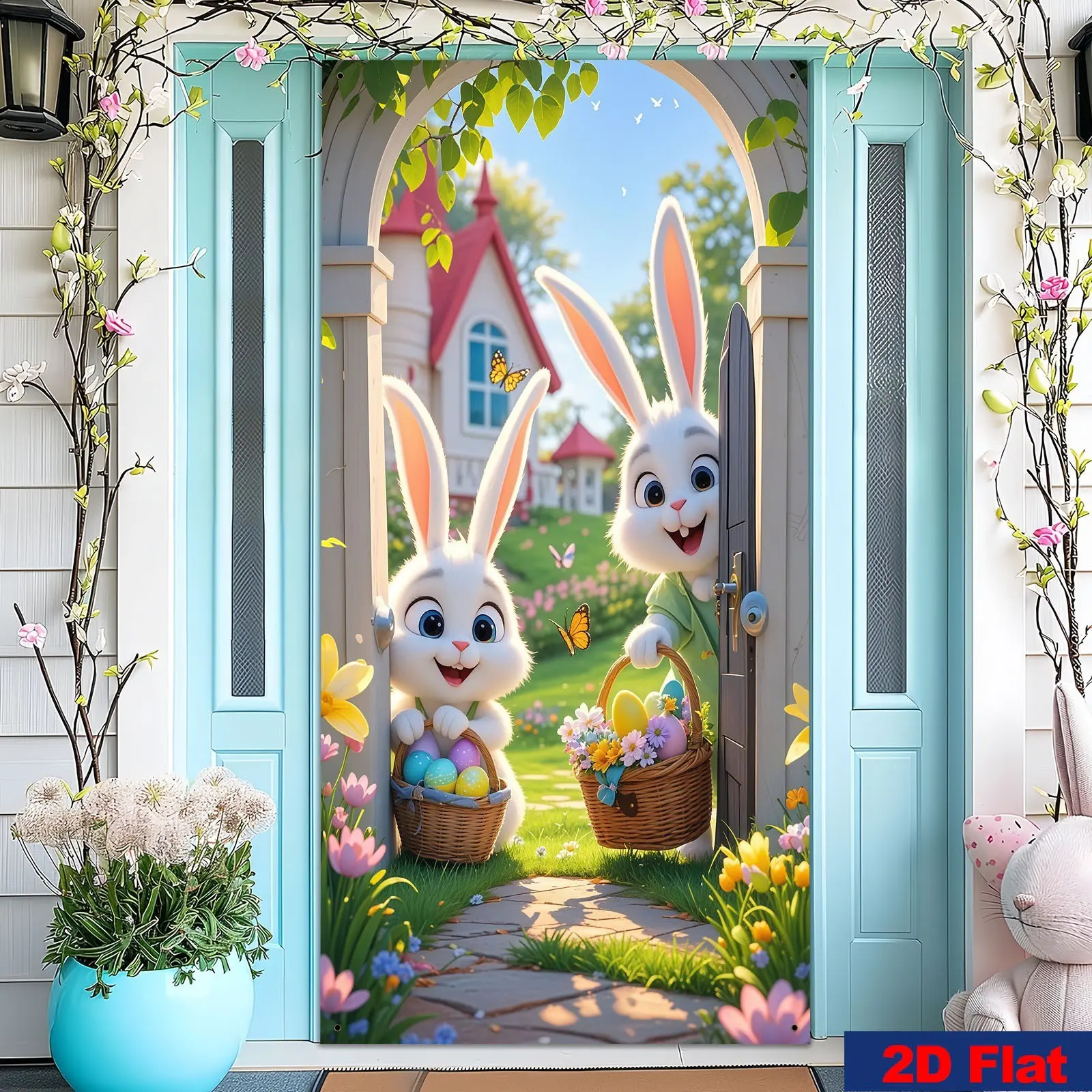 Easter Party Banner, 2D Flat Polyester Door Frame Decoration, Indoor Backdrops, Rabbits, Easter Bunny Motif, Eggs Basket, Flowers, Easy Installation, Home & Classroom Use