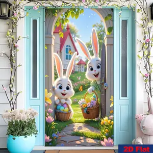 Easter Party Banner, 2D Flat Polyester Door Frame Decoration, Rabbits, Eggs Basket, Flowers, Easy Installation, Home & Classroom Use