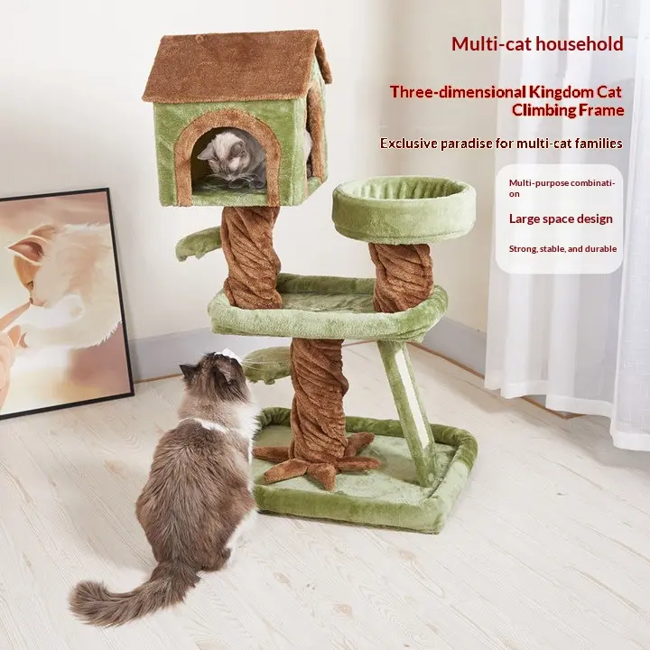 Treehouse Cat Tower with Scratching Ramp and Elevated Cat Condo