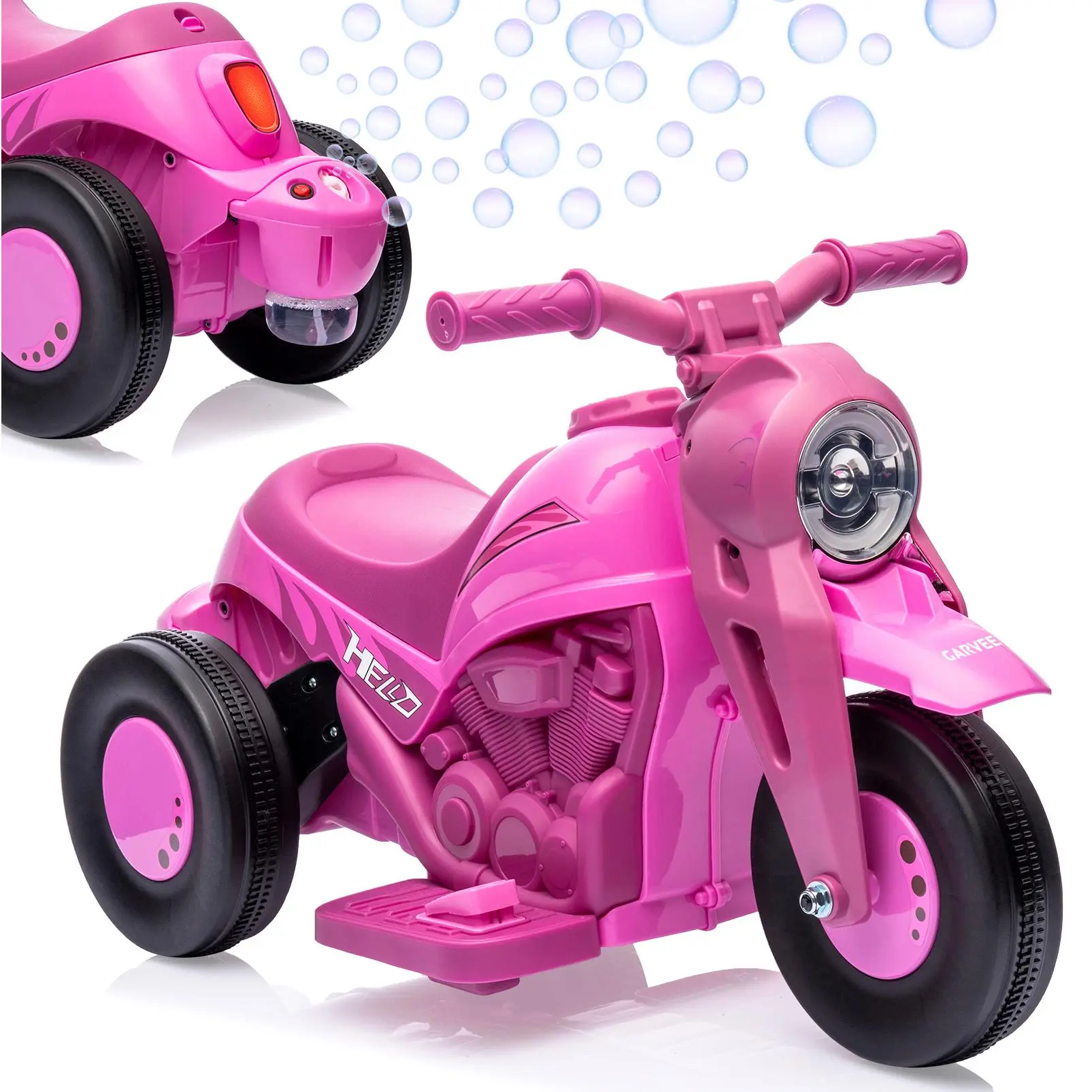GARVEE Kids 6V Battery-Powered Electric Ride-On Bubble Motorcycle Toy, CPC & ASTM Certified, 12.47 lbs, 67 lbs Weight Capacity, Bubble Machine, Balance Support, Music Player, LED Lights, Forward/Reverse, Gift for Ages 3+ Boys Girls, Rechargeable Battery,