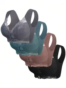 Women's 4-Pack Contrast Lace Push-Up Buckle Bras, Soft Comfortable Breathable Wireless Underwear, Medium Support Everyday Wear Fit Lady