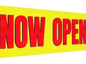 Large Now Open Banner Outdoor Indoor Signs Polyester Oxford Cloth Now Open Sign Hanging Banner Lawn Sign Liquor Now Open Banner for Business, Shop Decoration, 3 x 8 Feet (Yellow Background with Red)