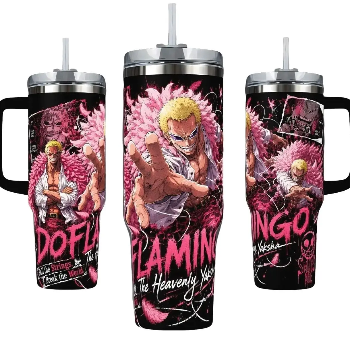 OnePiece Donquixote Doflamingo Insulated Tumbler - 20oz/40oz Stainless Steel Drinkware with Handle, Lid, Pink Feather Design, Heavenly Yaksha Dressrosa King Joker Themed Portable Flask Bottle, Anime Fan Gift, Insulation, Bottles