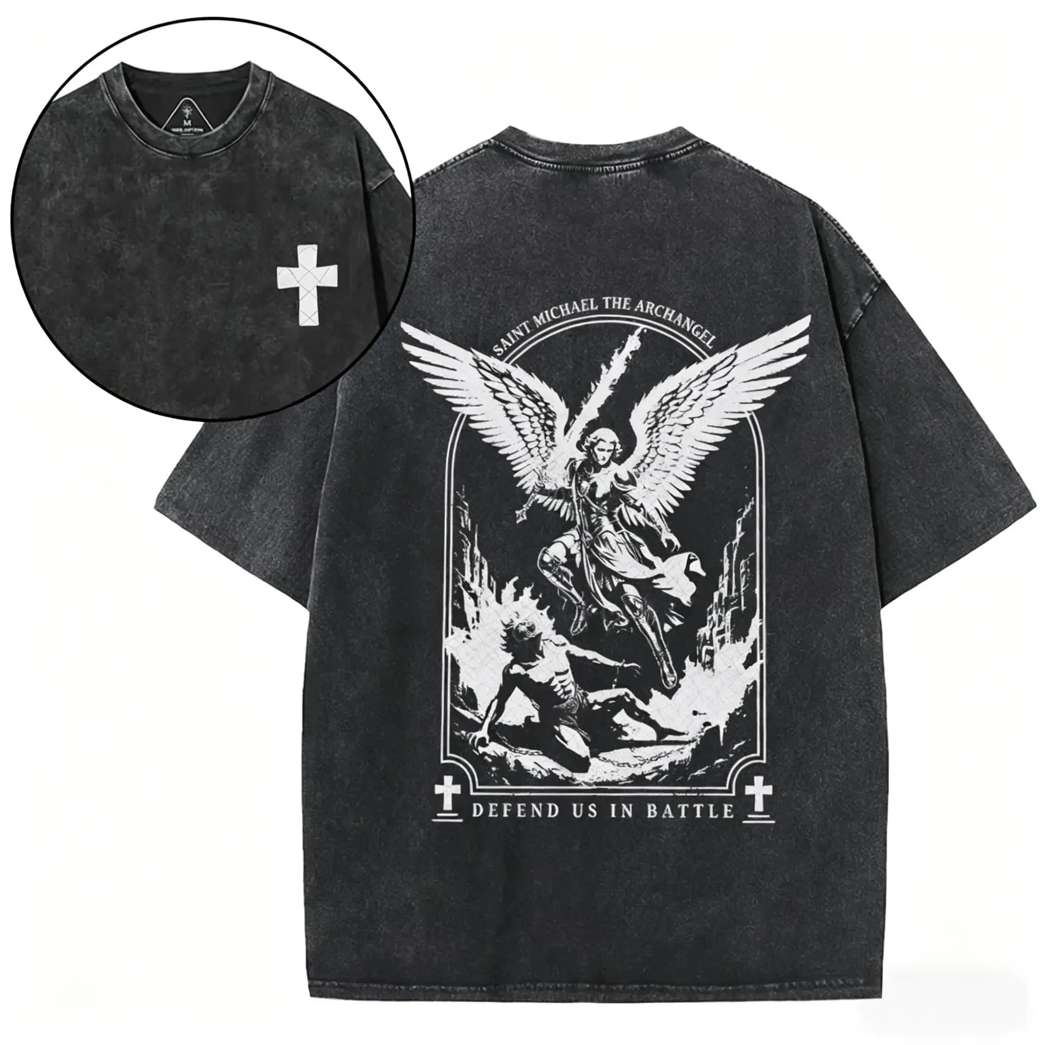Men's Distressed Vintage Washed Double-Sided Saint Michael Archangel Christian Graphic Tee - Heavyweight Cotton, Oversized Cross, Gothic Streetwear, Short-Sleeve Round Neck Top, Unisex Casual Festive T-Shirt