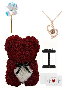 100 Languages 520 Necklace, Gold Foil Rose Flower Bear Gift, Mother's Day, Qixi Festival, Birthday Present for Mom, Girlfriend, Friend