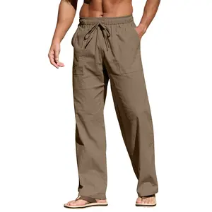Mens Casual Linen Pants Elastic Waist Linen Pants Drawstring Summer Beach Yoga Linen Trouser