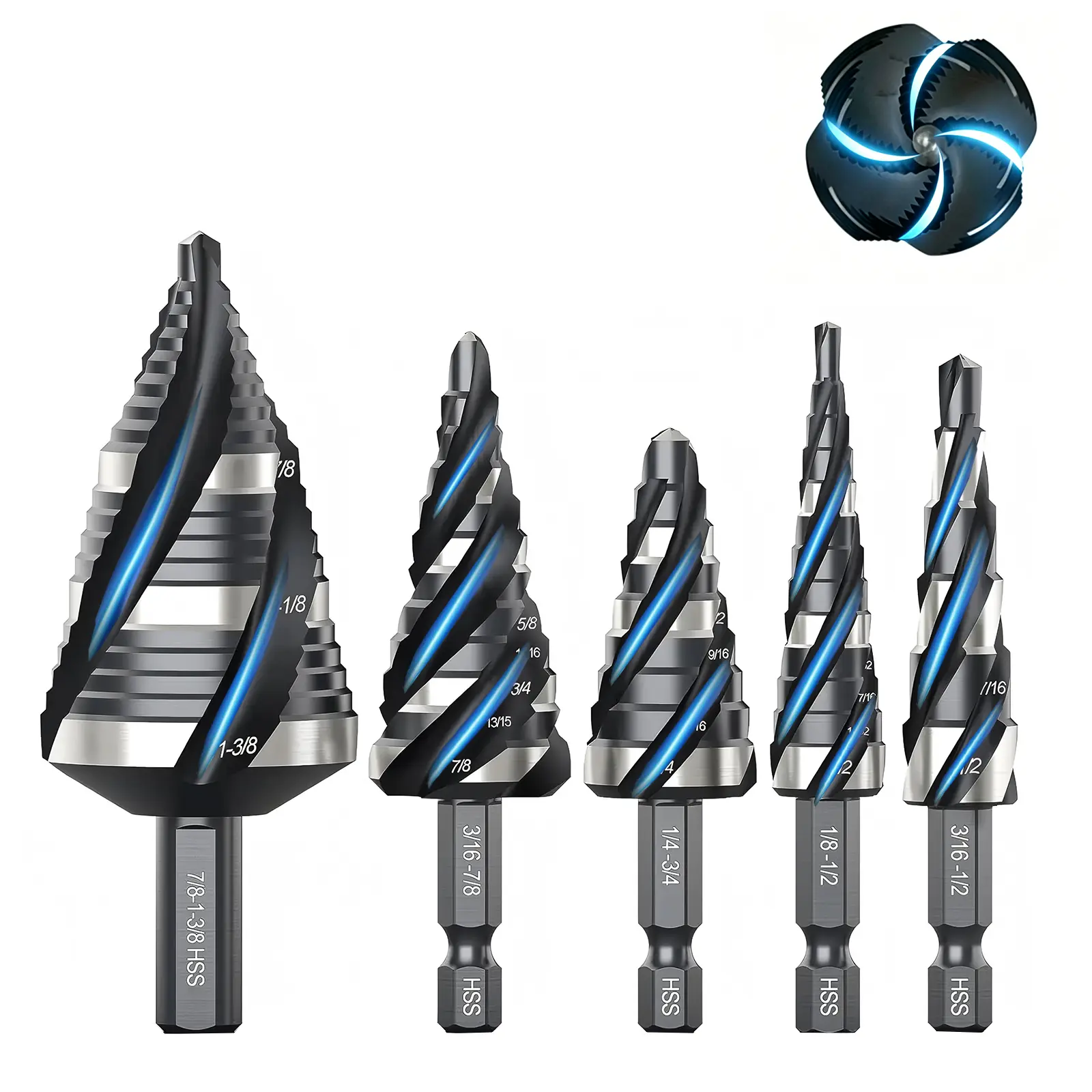 Four Spiral Flute Step Drill Bit Set, 5 Pcs HSS Step Drill Bits (1/8"-1-3/8") for Aluminum, Wood, Plastic & Metal Applications Similar to a Unibit