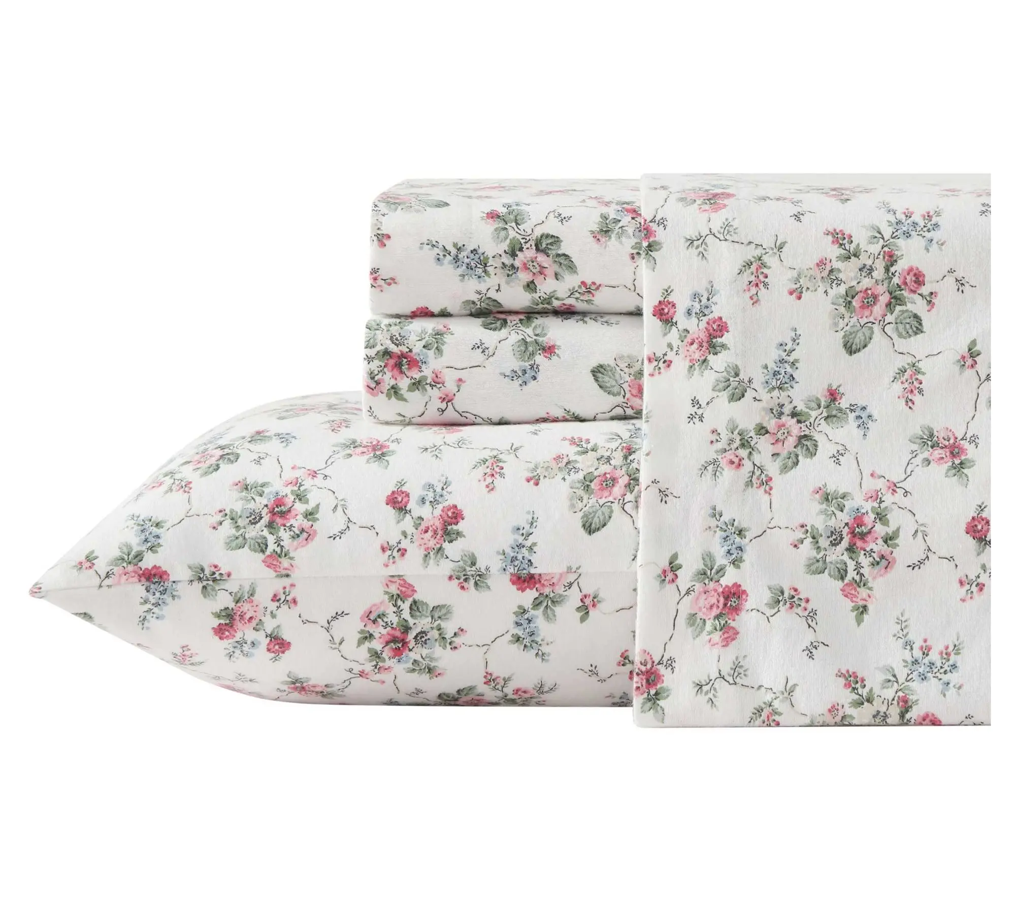 Laura Ashley Le Fleur Pink Cot ton Flannel Que en Sheet Set
