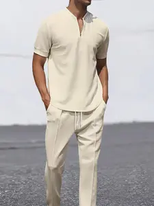Men's Cream Waffle Knit 2-Piece Loungewear Set - Short Sleeve Half-Zip Stand Collar Shirt & Matching Drawstring Pants, Plain Soft Breathable Fabric, Relaxed Fit for At-Home Lounging, Lazy Weekends & Casual Evenings