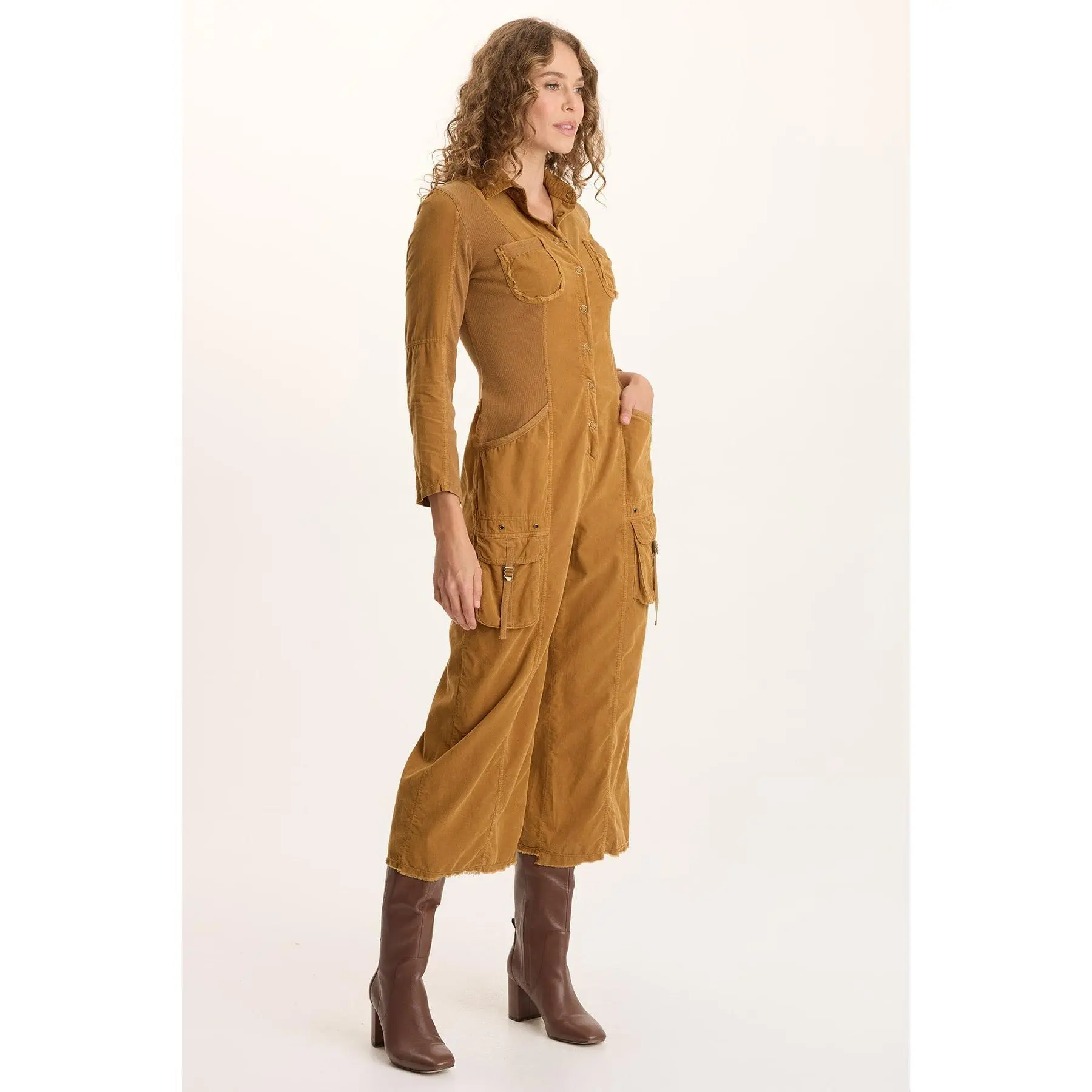 Kaisa Corduroy Long-Sleeve Cargo Jumpsuit