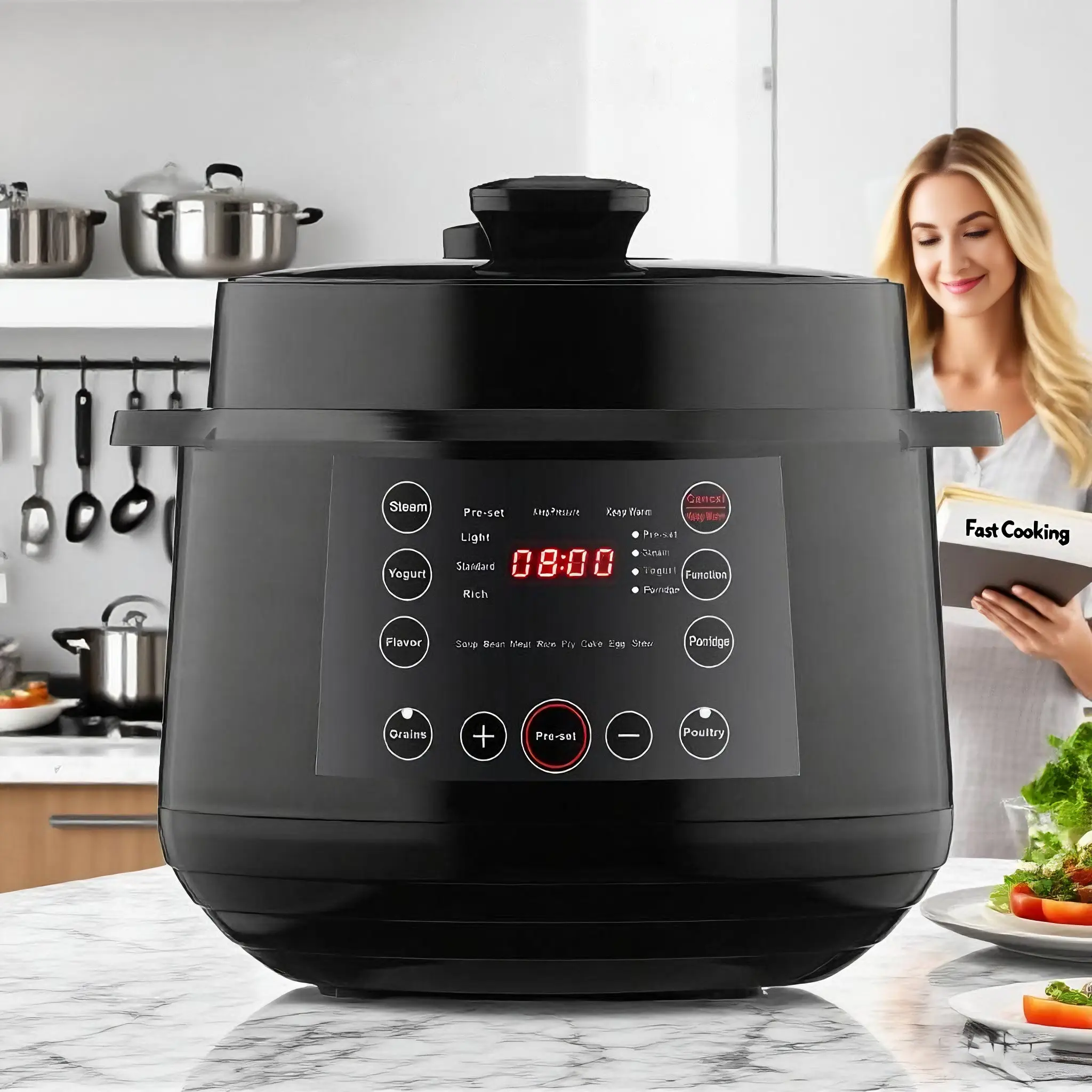 FCPVHOY 9-in-1 Multifunction Rice Cooker - 6L 1000W Stainless Steel Programmable Device with Pressure Cook, Slow Cook, Steam, Sauté, Food Warm, Yogurt Making Functions