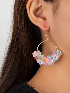 Summer Fresh Rainbow Flower Earrings, Forest Style Girl Fashion Colorful Transparent Small Flower Hoop Ear Studs, Vacation Accessories
