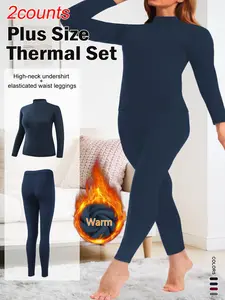 Women's Plus Size Warm Thermal Fleece Casual Home Set, High Neck Long Sleeve Top & Tight Pants, Plain High Elastic Fabric, Fall Winter Wear Slim