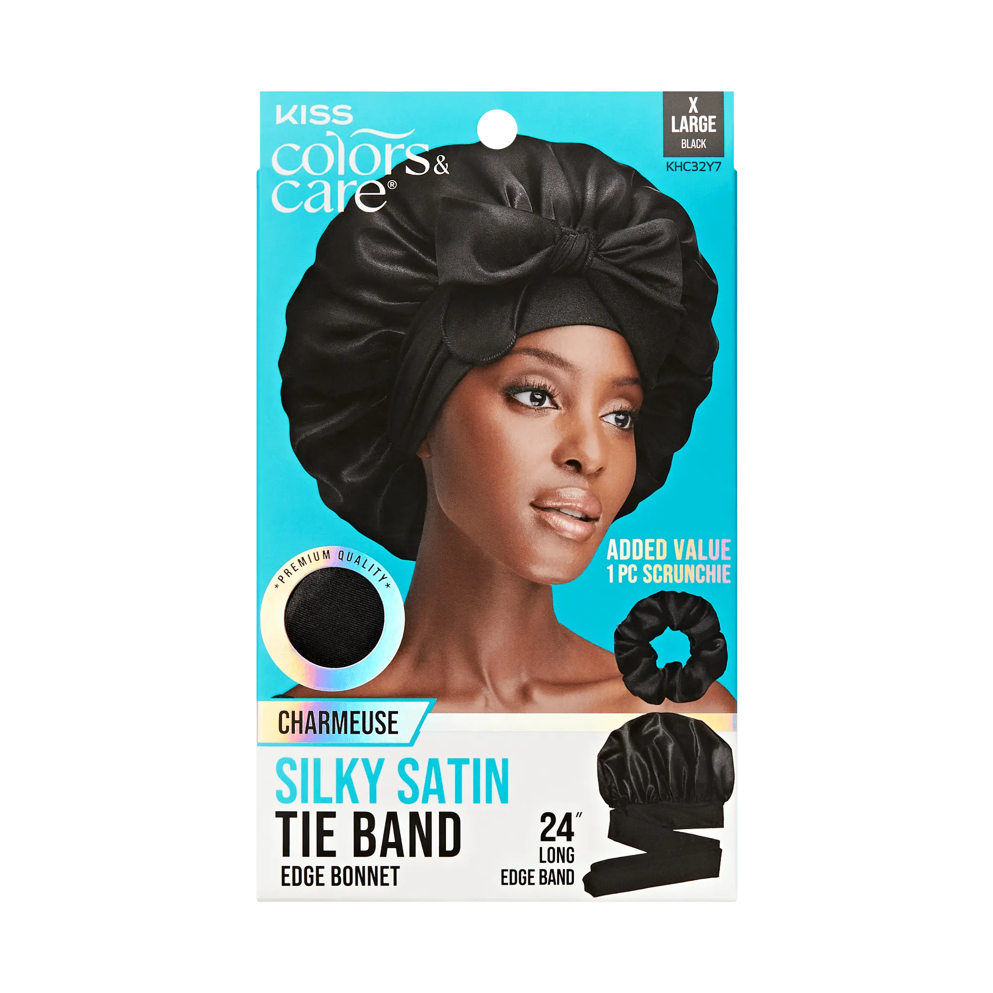 Kiss Colors & Care Silky Satin Tie Band Edge Bonnet - Black | Extra-Large, Silk Bonnet, Sleep Bonnet, Includes Scrunchie, Hair Accessories