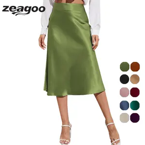 Zeagoo Womens Satin Skirts Casual Silk Midi Skirt High Waisted Long Skirts Zipper Elegant Work Skirts Womenswear Bottom
