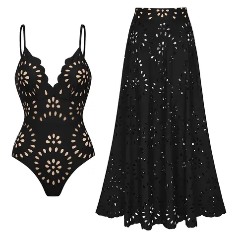 FLAXMAKER Women’s Laser Cut Dotted Black One Piece Swimsuit and Cover Skirt Swimwear Set Chic Beachwear Stylish Bathing Suit Swimoutfit Swimming Suit #Summervibes #SwimWeek #
