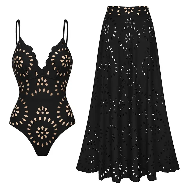 FLAXMAKER Women’s Laser Cut Dotted Black One Piece Swimsuit and Cover Skirt Swimwear Set Chic Beachwear Stylish Bathing Suit Swimoutfit Swimming Suit #Summervibes #SwimWeek #