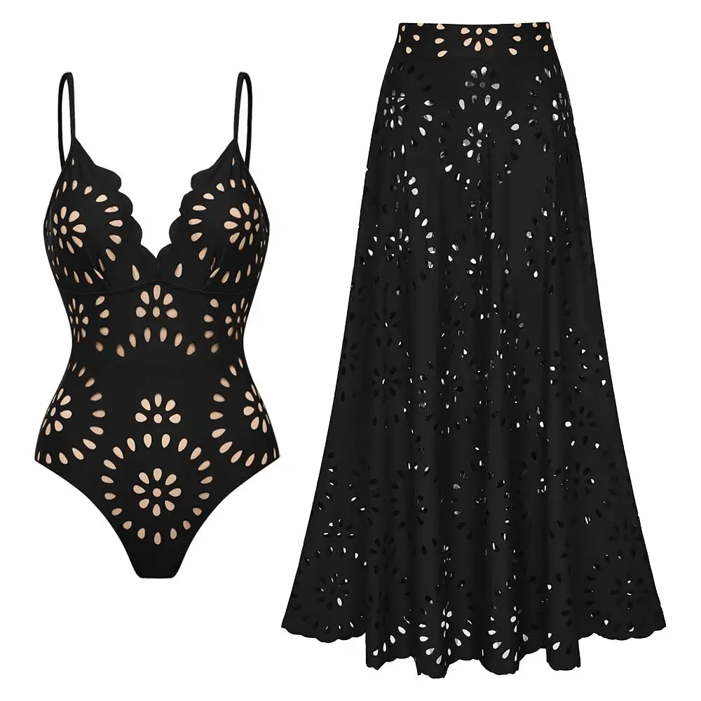 FLAXMAKER Women’s Laser Cut Dotted Black One Piece Swimsuit and Cover Skirt Swimwear Set Chic Beachwear Bathing Suit #TikTokShopBacktoSchool