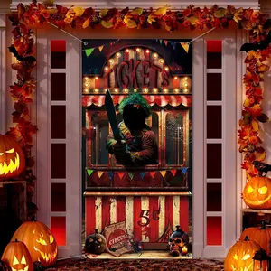 Halloween Horror Clown Studio Door Cover, Carnival Theme Photography Backdrop, Large Ticket Booth Decor, No Power Needed, 1pc