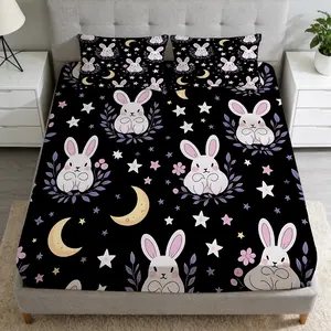 2/3 Pcs Rabbit Star Moon Night Scene Pattern Fitted Sheet Set(1*Fitted Sheet+1/2*Pillowcase,No Filling),High-Definition Digital Printing,Soft And Comfortable Fabric,Suitable For All Year Round,Perfect Gift For Family And Friends On Festivals!