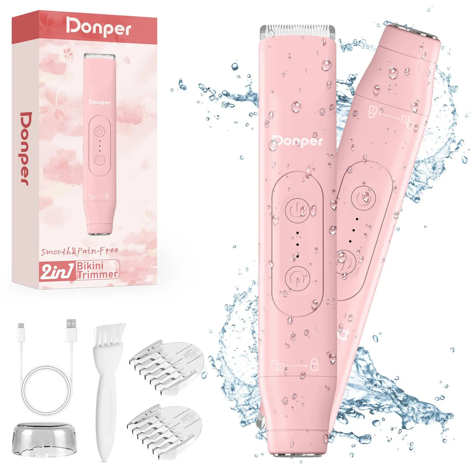 Donper Women's 2-in-1 Electric Bikini Trimmer & Foil Shaver, IPX7 Waterproof Hair Remover for Underarm & Legs, Painless Hypoallergenic Ceramic Blades, Shower-Travel Use, Gift for Wife