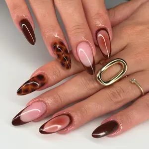 Leopard Tortoise Shell Press On Nails, Y2K Chrome Nails, Brown Glossy Aesthetic Nails, Handmade Gel Nails, Reusable Full Cover Nail Set