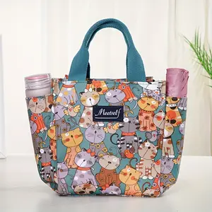 Trendy Nylon Tote Bag for School & College - Cute Cat Print Lunch Bag & Handbag for Women - Versatile Everyday Use