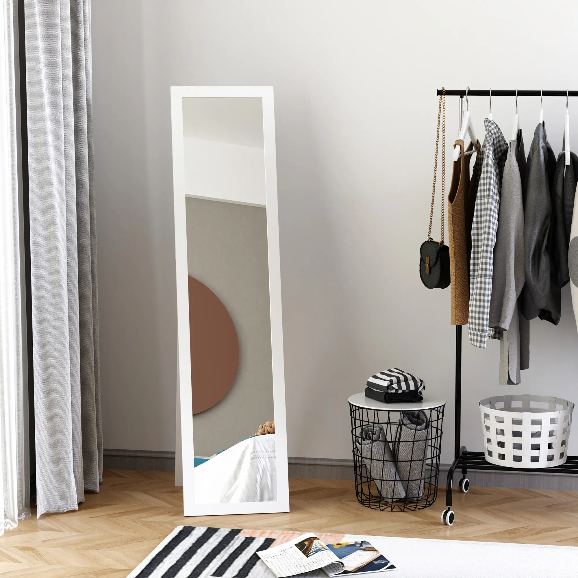 Modern Minimalist Full Length Mirror in White, Versatile Floor & Wall Mount Design for Bedroom, Walk-in Closet, Living Room & Bathroom Vanity, Large Size Dressing Mirror for Daily Outfit Check