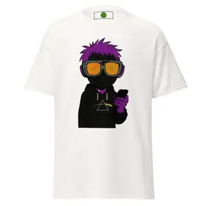 Trippy Gaze Crypto Boy Graphic Tee Menswear Streetwear Unisex White T-Shirt Top Aesthetic Crewneck Short Sleeve Fitted Casual Cyberpunk Style Summer Fashion Tshirt - Fabric