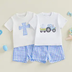 YSHWHWTS Toddler Baby Boy Easter Outfit Cross Tractor Short Sleeve T-shirts and Plaid Shorts 2 Piece Summer Spring Set