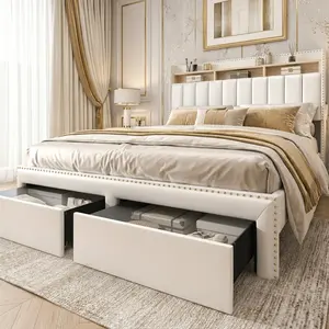 [Father's Day Gift] SIBEDS Queen LED Bed Frame with Storage Drawers, Modern Cloud Platform Bed with Optional Mattress, Linen Upholstered Wingback Headboard, Channel Tufted Rivet Detail, No Box Spring Needed