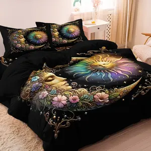 3pcs Celestial Sun Moon Stars Decorative Duvet Cover Set, Colorful Petals High-Definition Printed Bedding Set For Home Dorm Decor,(Includes 1 Duvet Cover And 2 Pillowcases,No Inserts), Cosmic Space Themed Bedroom Accessories,Ramadan Decoration